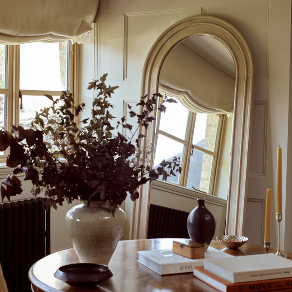 Full length rounded wooden floor mirror in vintage oak