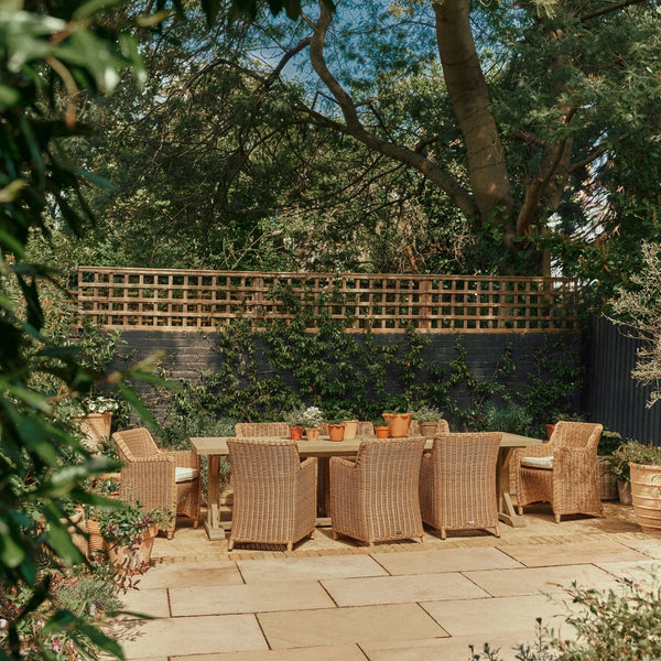 Neptune Seasonal_Garden_Outdoor dining and carver chairs default Harmondsworth 8 Seater Teak Garden Dining Table Set with Stanway Honey Carver Chairs