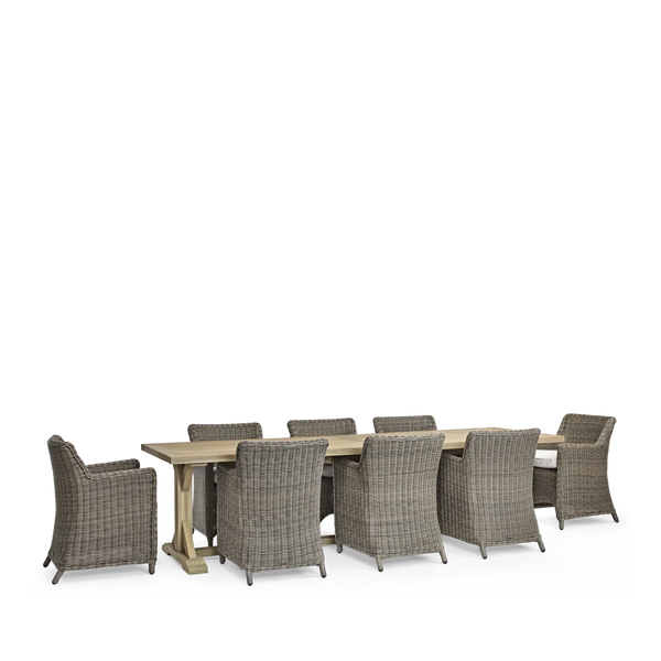 Neptune Seasonal_Garden_Outdoor dining and carver chairs default Harmondsworth 8 Seater Teak Garden Dining Table Set with Stanway Reed Carver Chairs