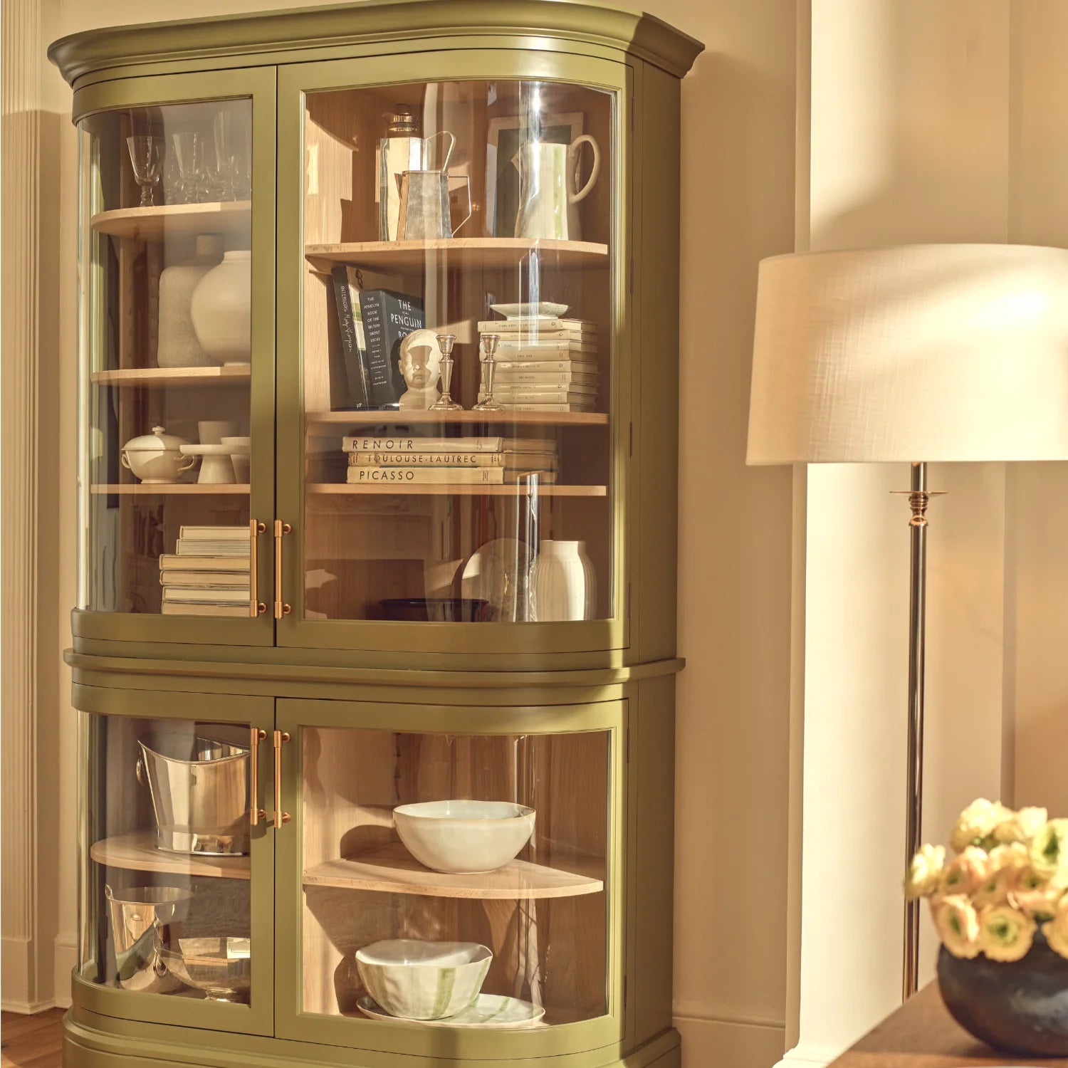 Neptune Furniture_Living & dining furniture_Living & dining storage default Henley Curved Glass Cabinet, Olive