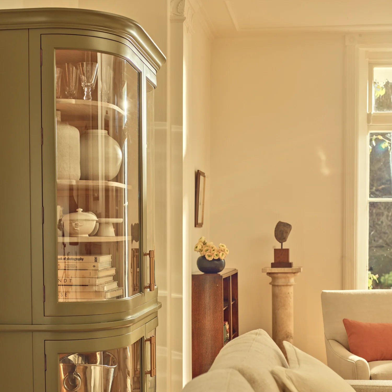 Neptune Furniture_Living & dining furniture_Living & dining storage default Henley Curved Glass Cabinet, Olive