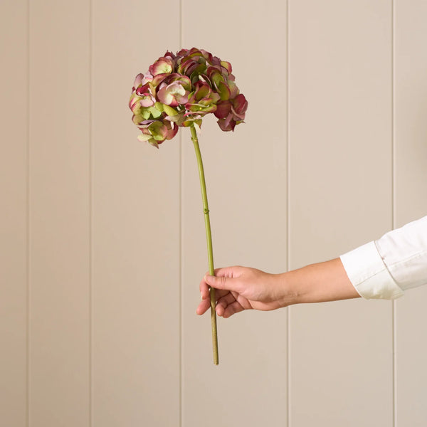 A single artificial-looking hydrangea stem with clustered dusty pink and green petals, held by a person's hand against a beige paneled wall.