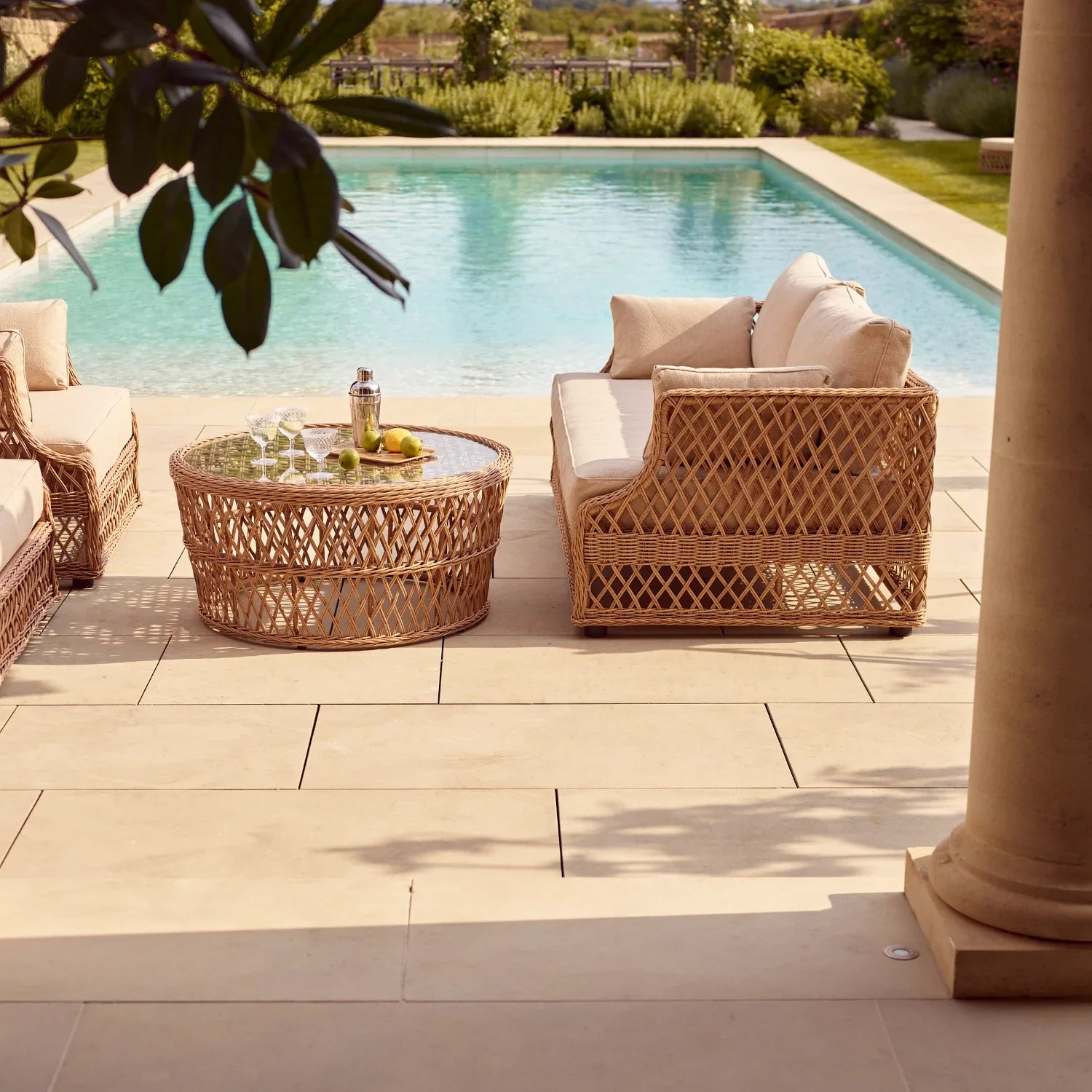 Neptune Seasonal_Garden_Outdoor sofas and relaxed chairs default Longmeadow 4 Seater Wicker Garden Sofa Set with Round Coffee Table