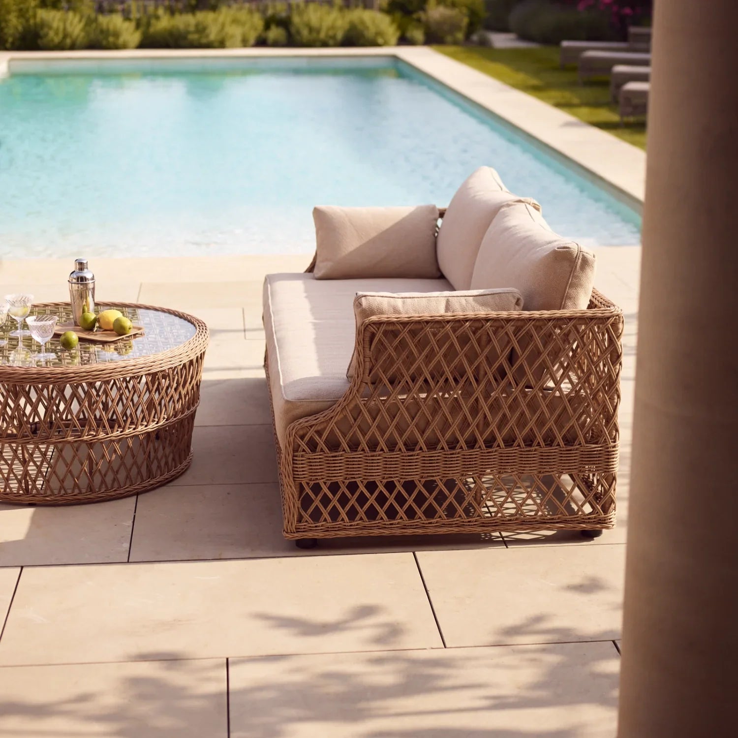 Neptune Seasonal_Garden_Outdoor sofas and relaxed chairs default Longmeadow 4 Seater Wicker Garden Sofa Set with Round Coffee Table