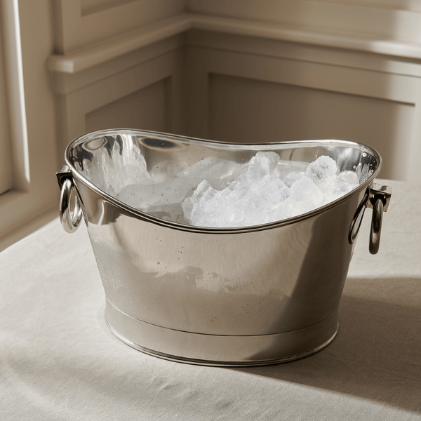 A polished silver ice bucket filled with clear ice, shown on a light beige surface.