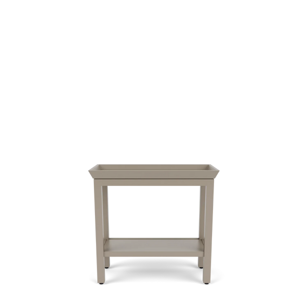 Front view of the Neptune Renewed Aldwych narrow console table in Driftwood, with a compact rectangular top, open lower shelf and straight timber legs.