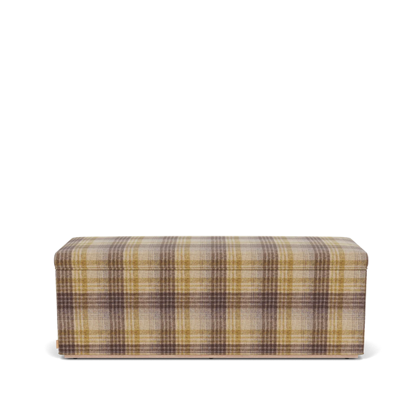 Front view of the Neptune Renewed Eloise ottoman upholstered in Harris Tweed Fig, with a generously padded rectangular seat and tailored checked upholstery.