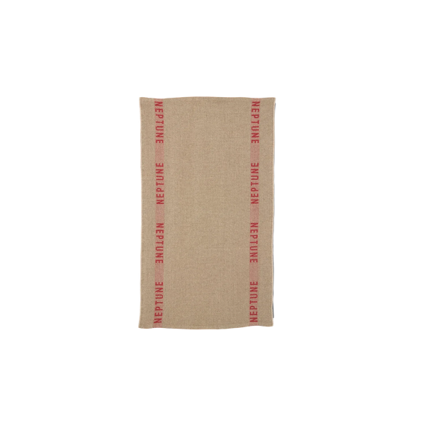 A rectangular beige tea towel featuring vertical red text reading 'NEPTUNE' printed along the side edges, shown against a plain white background.
