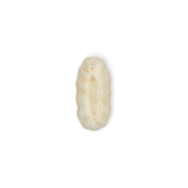 A small scalloped ceramic dish with a matte gray exterior and a warm beige interior, shown on a clean white background.