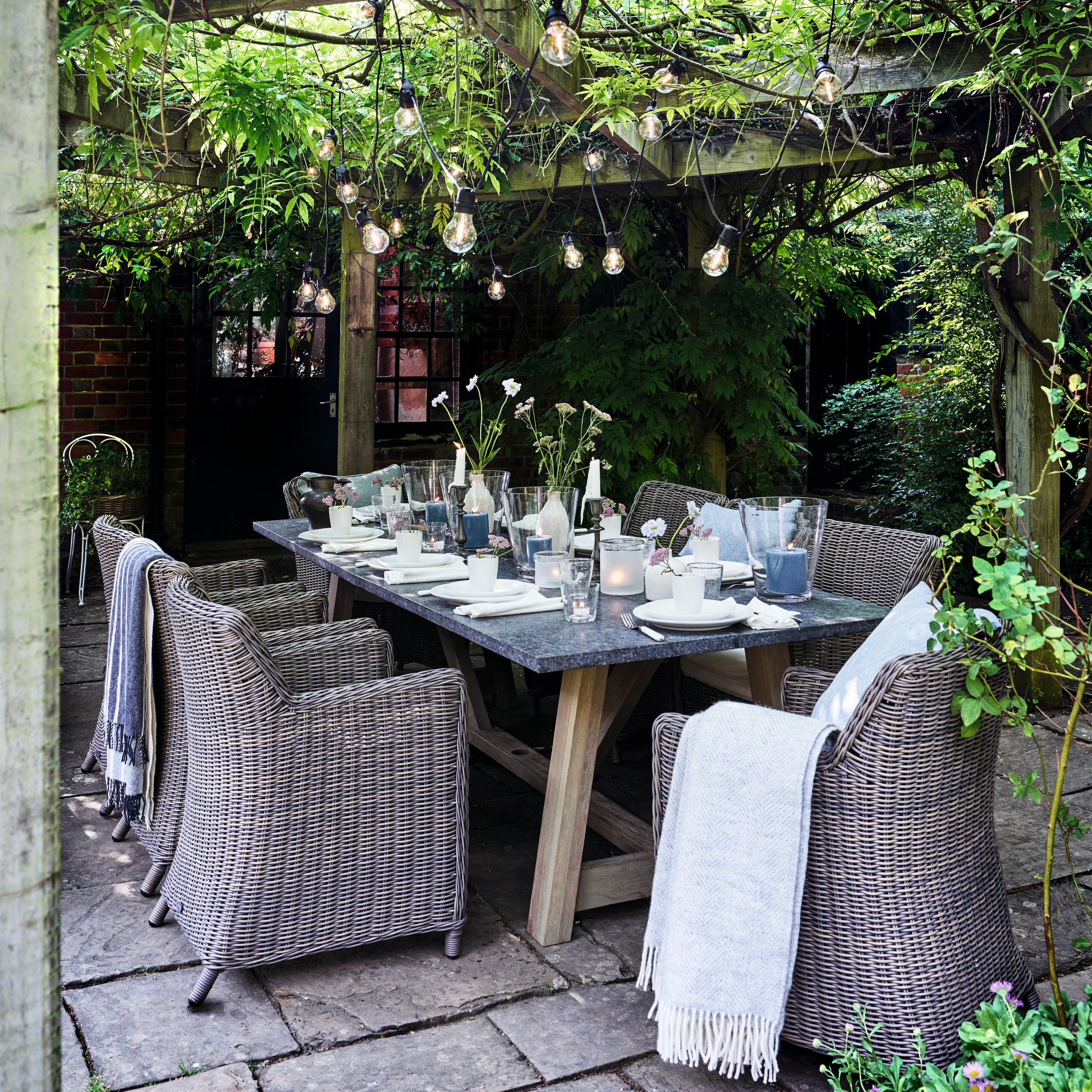 Stanway 8 Seater Teak Garden Dining Table Set Reed Carver Chairs Bluestone Granite Top
