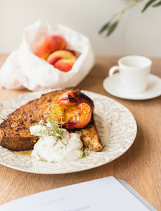 French toast with baked peaches and coconut cream