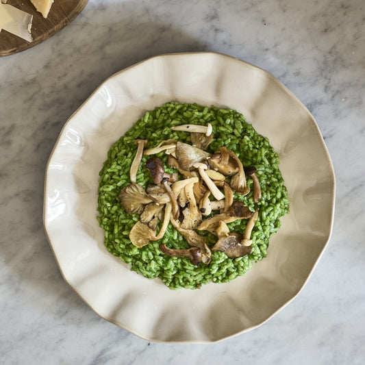 Green risotto with sautéed mushrooms recipe