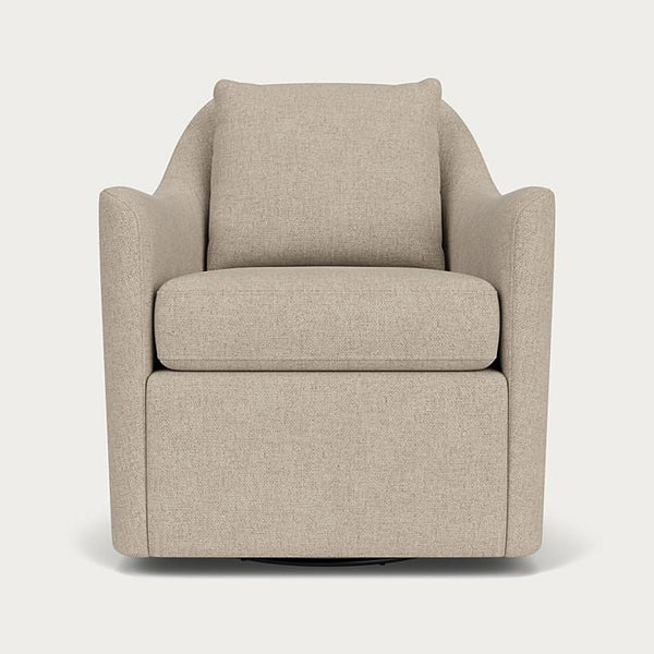 A modern upholstered swivel armchair in a light beige textured fabric, featuring a high backrest, wide armrests, and a thick seat cushion, shown against a plain light gray background.