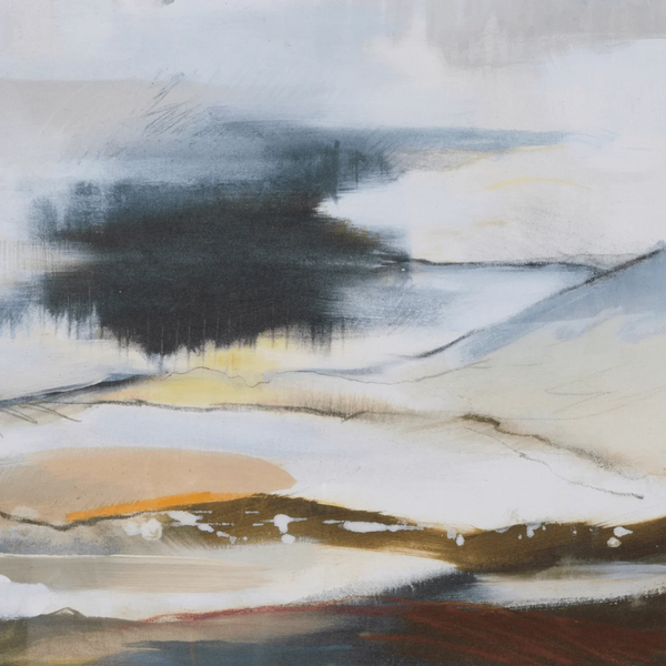 Abstract landscape painting with layered brushstrokes in off-white, gray, charcoal black, muted blue-gray, tan, ochre, and brown.