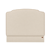 An upholstered headboard with a curved top and a matching footboard, shown against a plain white background. The fabric is a light cream or beige color with a subtle texture, and saffron trim