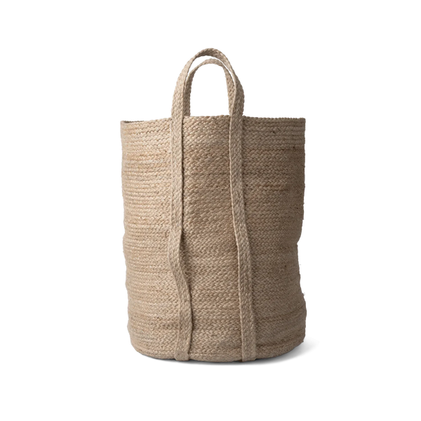 A natural jute woven storage basket with two top handles, shown against a plain white background.