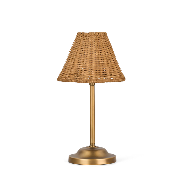 Athena Portable brass and rattan table lamp on white background