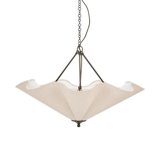 Athena pendant uplighter with scallop linen shade and bronze fittings on white background