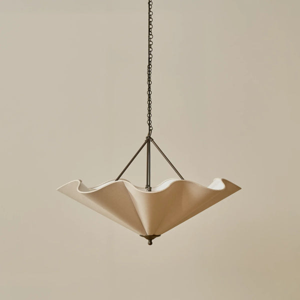 Athena pendant uplighter with scallop linen shade and bronze fittings