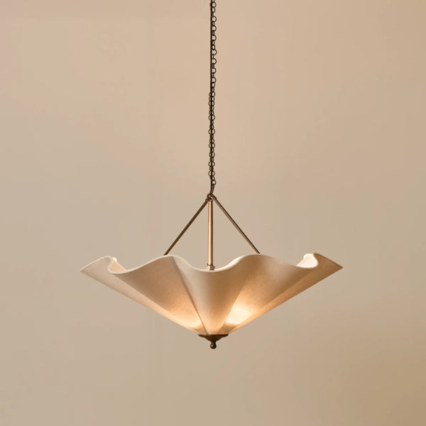 Athena pendant uplighter with scallop linen shade and bronze fittings