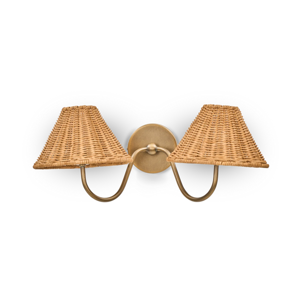 Athena brushed brass double wall light with rattan lampshades on white background