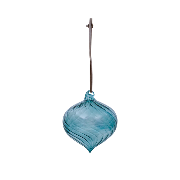 A light blue ribbed glass ornament with a dark metal hanging loop, shown against a plain white background.