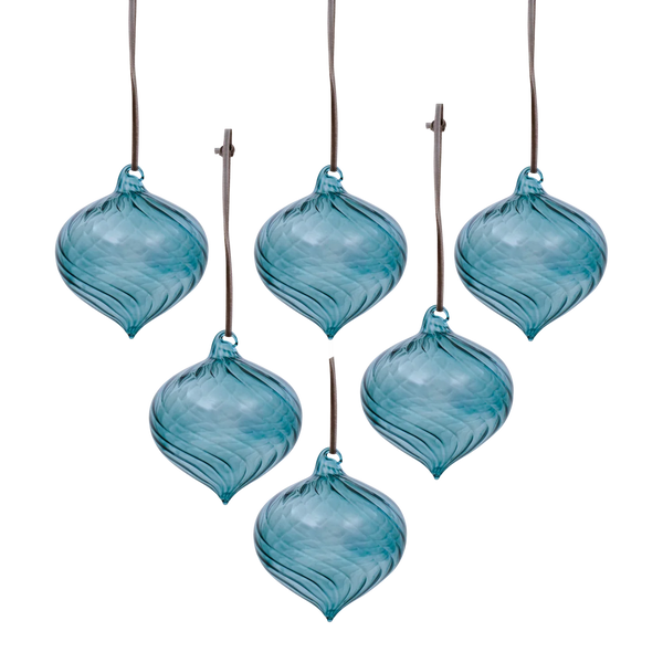 Six blue ribbed glass ornament-like hanging pieces suspended by thin dark cords on a plain white background.