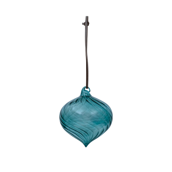 A teal blue-green glass hanging ornament with a ribbed, swirled texture and a dark metal hanging rod, shown against a plain white background.