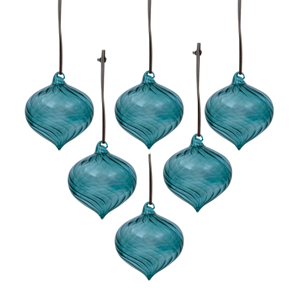 Five teal glass ornament pendants with a swirled ribbed texture, suspended by thin black cords against a plain white background.