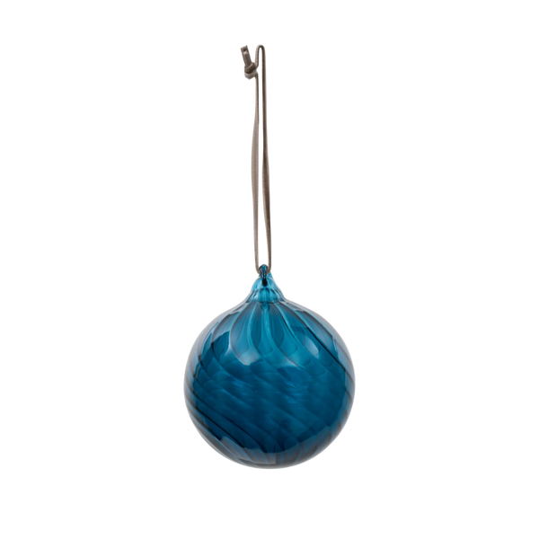 A blue faceted glass Christmas ornament with a hanging loop, shown against a plain white background.