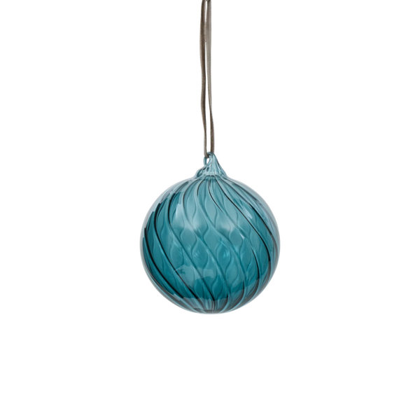 A textured, ribbed glass hanging ornament in a translucent teal blue color, suspended by a thin metal wire against a solid white background.