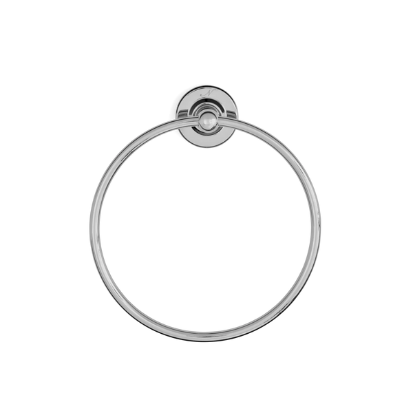 A polished chrome towel ring with a circular design and a round wall mount plate, shown on a solid white background.