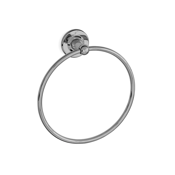 A polished chrome towel ring with a circular design and a round wall mount plate, shown on a solid white background.