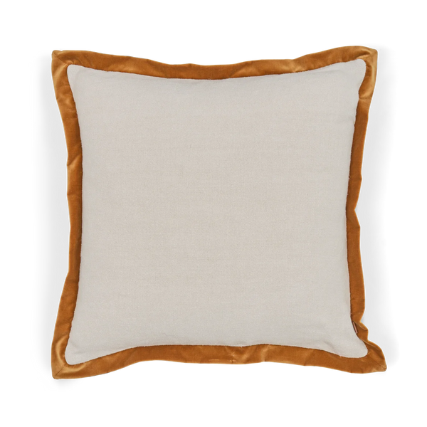 A square throw pillow with a light beige linen-textured center and a contrasting warm brown velvet border, shown against a plain white background.