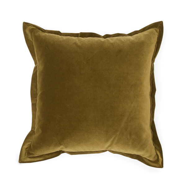 A square velvet throw pillow in a rich olive-mustard green color, shown from a top-down view on a solid white background.