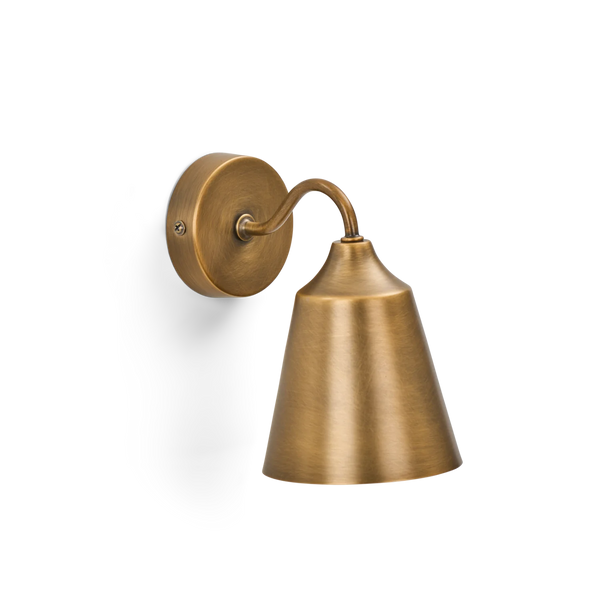 Belgrave industrial style brushed brass wall light on white background