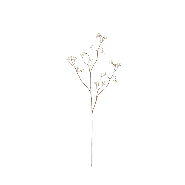 Faux flower spray, black branches with small white berries on white background