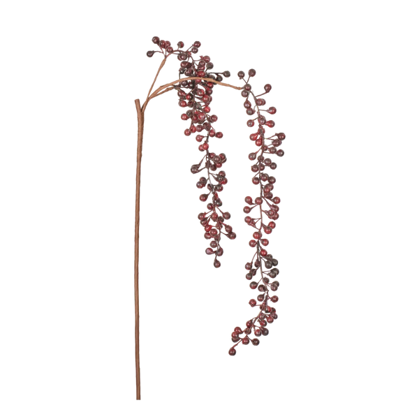 A single decorative faux botanical stem featuring clusters of small dark red berries on a brown twig branch, isolated on a white background.
