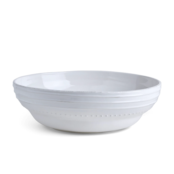 A white ceramic bowl with a glossy finish, featuring horizontal ridged detailing on the sides and a row of small decorative dots near the base, shown on a clean white background.