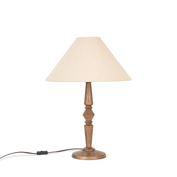 Chalford Darkened Oak Table Lamp with Linen tapered lamp shade on white background