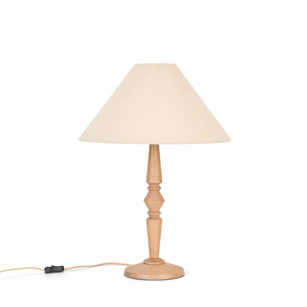 Chalford Natural Oak Table Lamp with Linen tapered lamp shade on white background