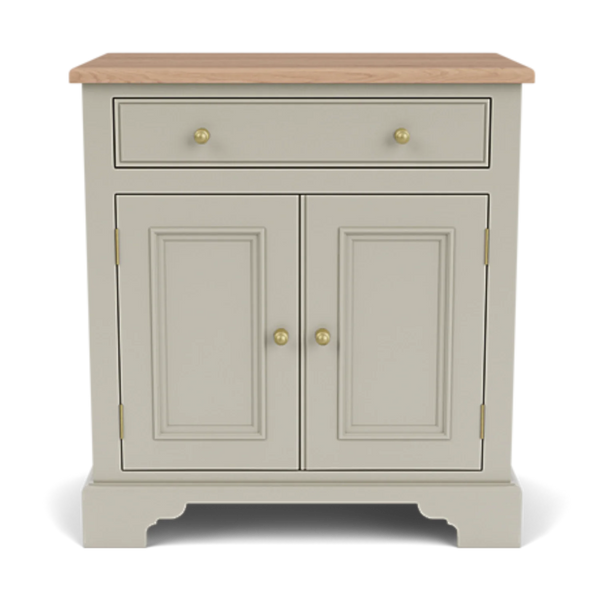 A small painted cabinet with two doors, a single drawer, brass-style round knobs, and a natural wood top, shown on a clean white background.