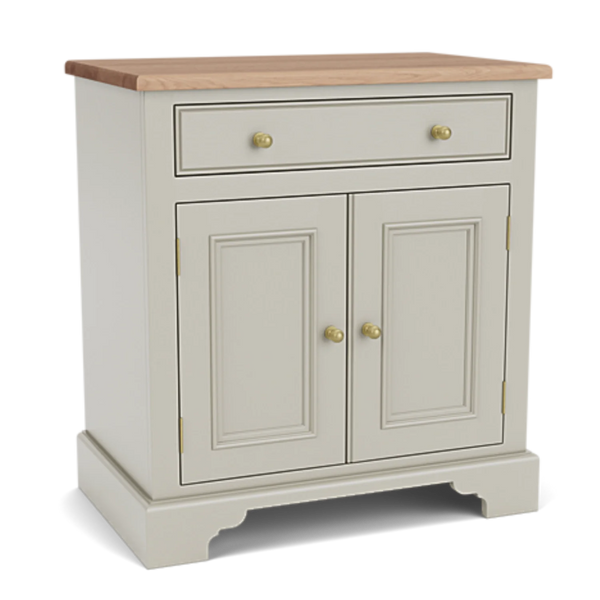 A small painted cabinet with two doors, one drawer, and a natural wood top, shown on a clean white background.