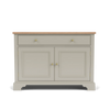 A classic sideboard cabinet with a light gray painted body, a natural wood top, and brass hardware, shown against a plain white background.