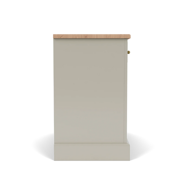 A single cabinet shown from the front on a clean white background, featuring a warm light gray painted body, a natural wood top, and a small brass knob.