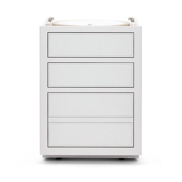 A white bathroom vanity cabinet with four drawers and a round sink basin visible at the top, photographed on a clean white background.