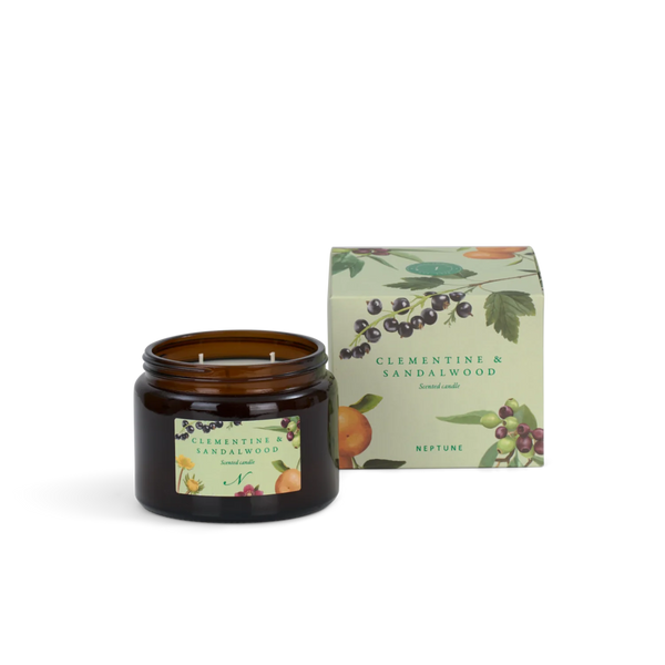 An amber glass jar candle with a botanical label sits in front of its illustrated product box. The box reads Clementine & Sandalwood and shows fruit and leaf illustrations on a pale green background.