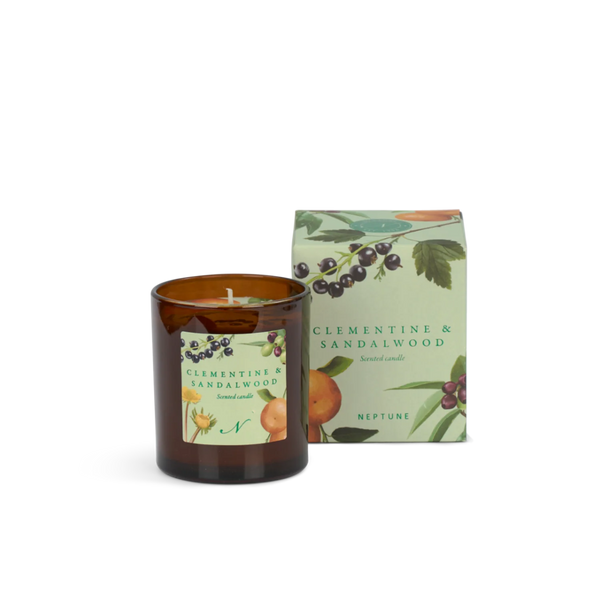An amber glass scented candle with a matching illustrated product box on a clean white background. The label and box read Clementine & Sandalwood and Neptune.