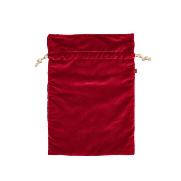 A red velvet drawstring pouch with cream-colored cords, shown flat against a solid white background.