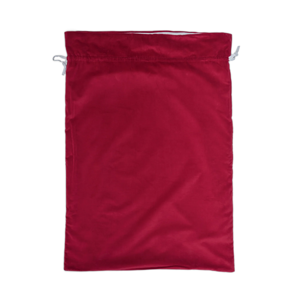A red drawstring pouch made of a soft, slightly textured fabric, shown flat against a solid white background.